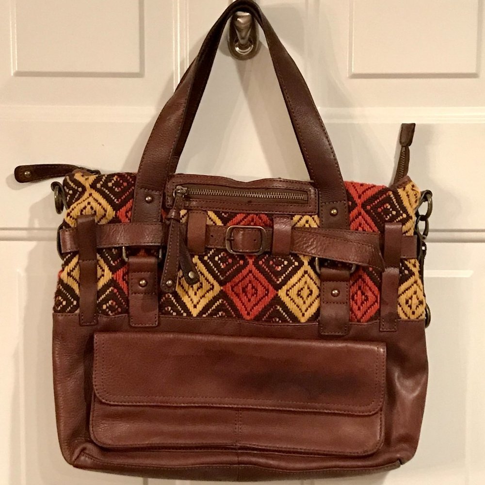 AUDREY BROOKE Boho Woven Fabric And Brown Leather Zippered Tote Shoulder Bag